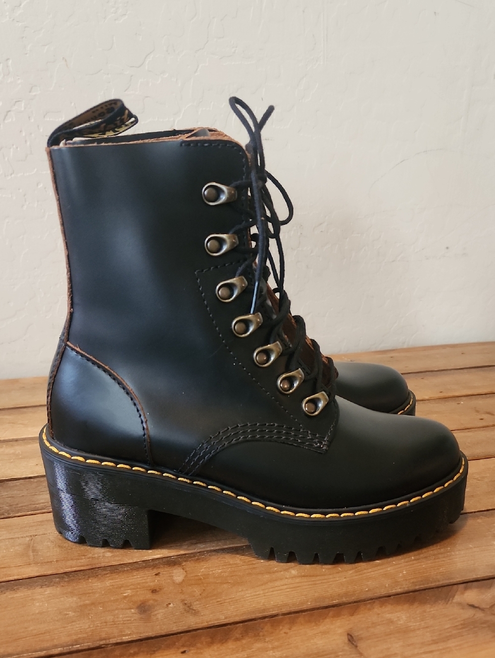 Dr. Martens Black Lace-Up Platform Ankle Boots with Yellow Stitching Sizr 6 UsL